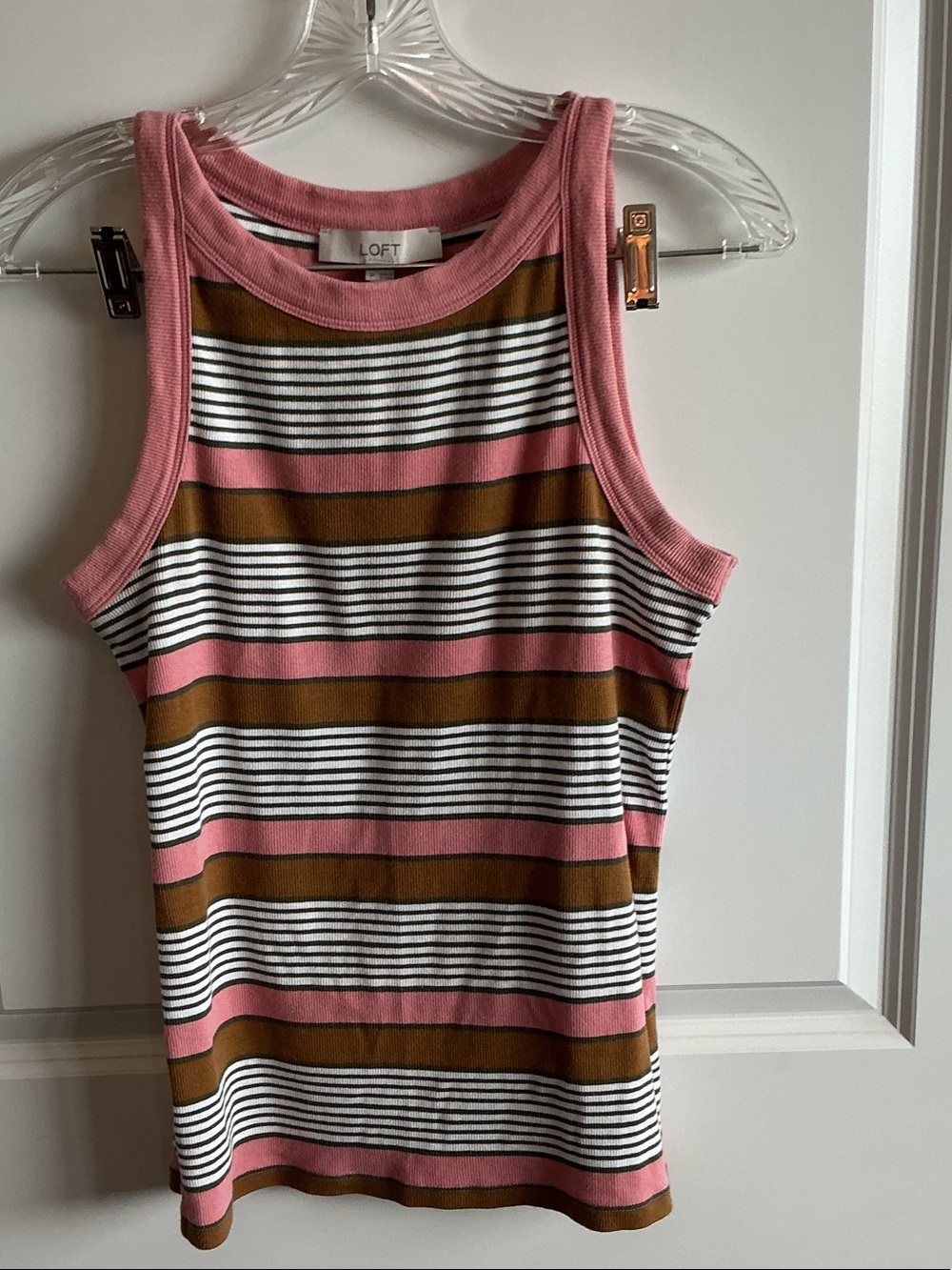 LOFT Pink, Brown & White Striped Ribbed Tank